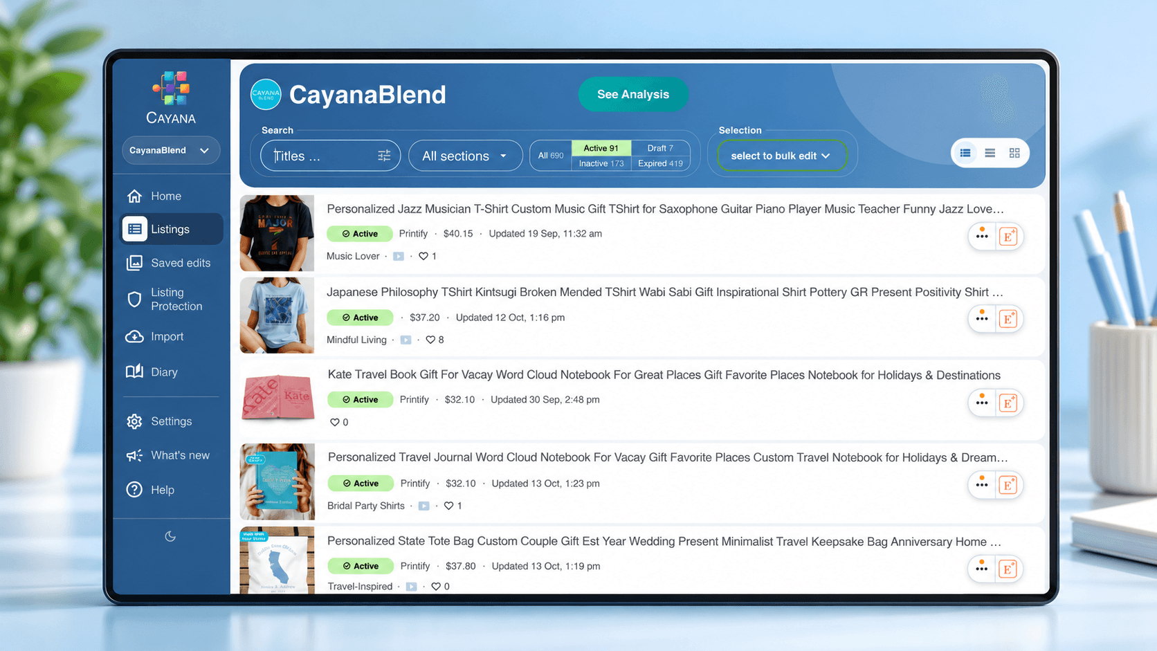 Cayana Variations tab showing sizes, SKUs, prices, quantities and visibility across selected Etsy listings