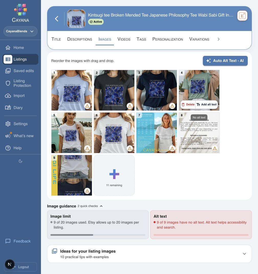 Listing image editor with the Auto Alt Text - AI button and missing alt text indicators
