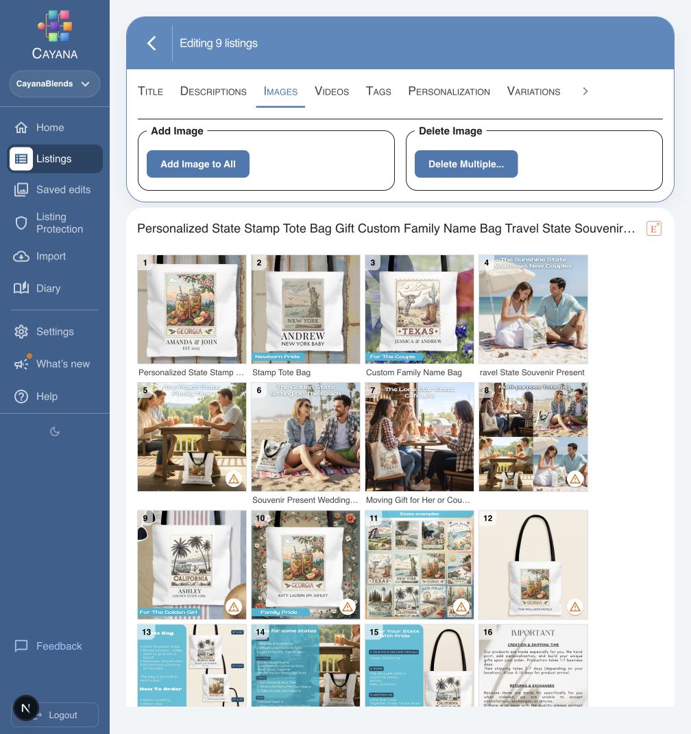 Images tab for multiple listings with Add Image to All and Delete Multiple controls