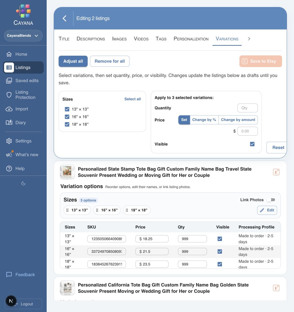 Bulk variation editor with selected sizes and Set, Change by percent and Change by amount price controls