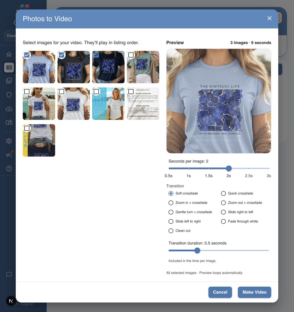 Photos to Video dialog with three selected images, a preview and transition settings